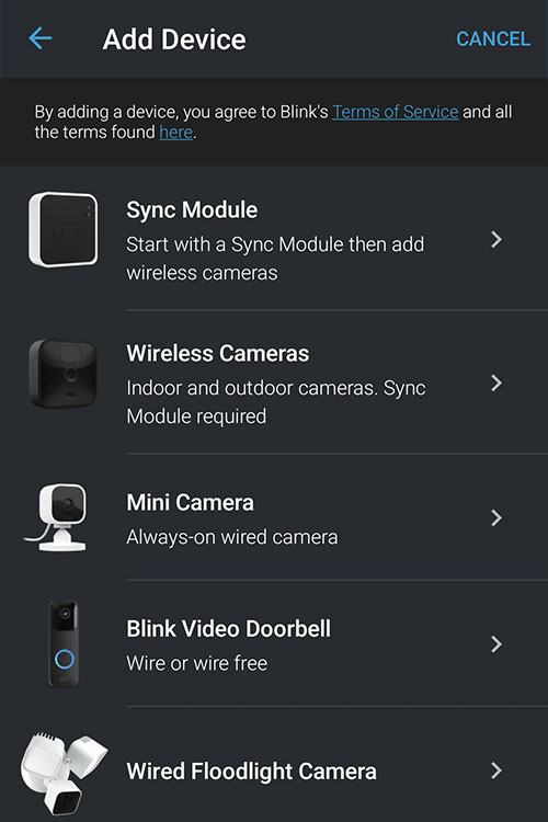 Adding a new device on the Blink Home Monitor app.