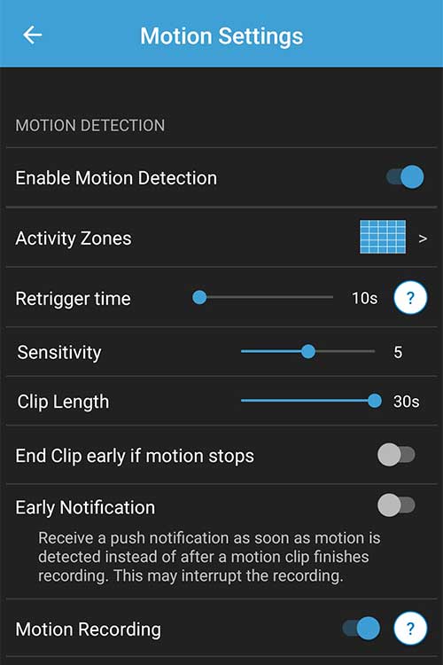 The motion settings available on the Blink Home Monitor app.